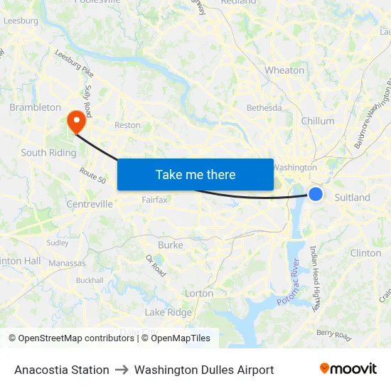 Anacostia Station to Washington Dulles Airport map