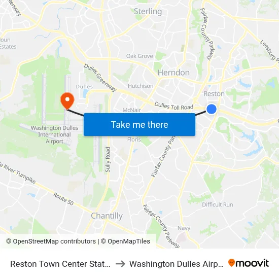 Reston Town Center Station to Washington Dulles Airport map