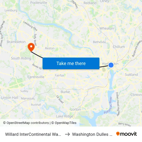 Willard InterContinental Washington to Washington Dulles Airport map