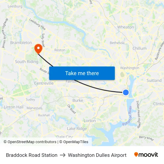Braddock Road Station to Washington Dulles Airport map