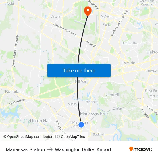 Manassas Station to Washington Dulles Airport map