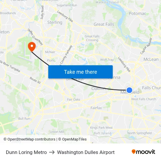 Dunn Loring Metro to Washington Dulles Airport map