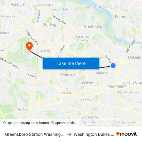 Greensboro Station Washington Metro to Washington Dulles Airport map