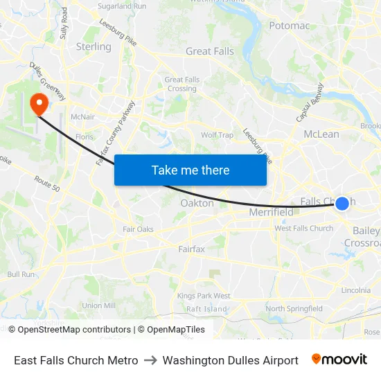 East Falls Church Metro to Washington Dulles Airport map