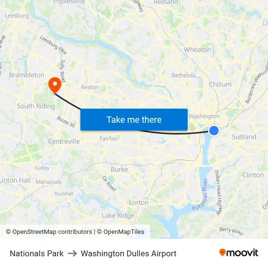 Nationals Park to Washington Dulles Airport map