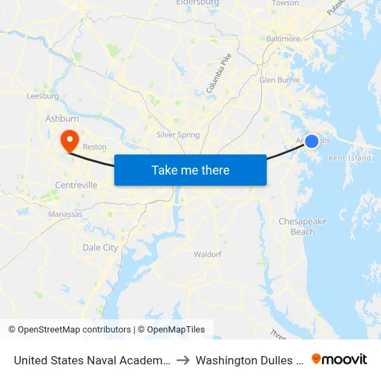 United States Naval Academy Chapel to Washington Dulles Airport map