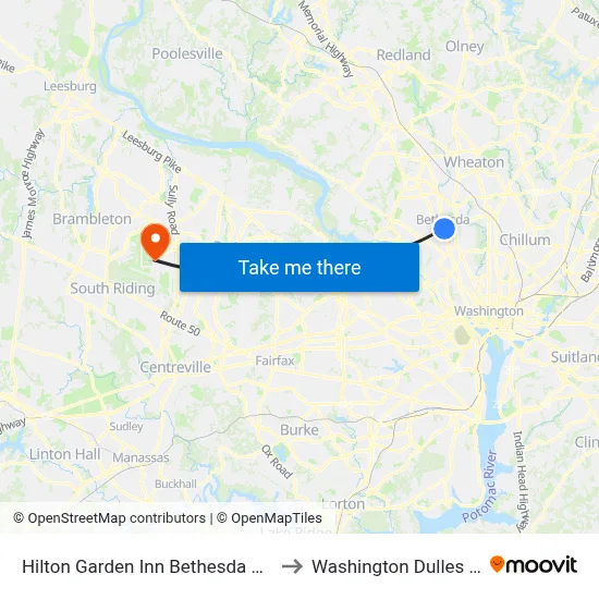 Hilton Garden Inn Bethesda Downtown to Washington Dulles Airport map