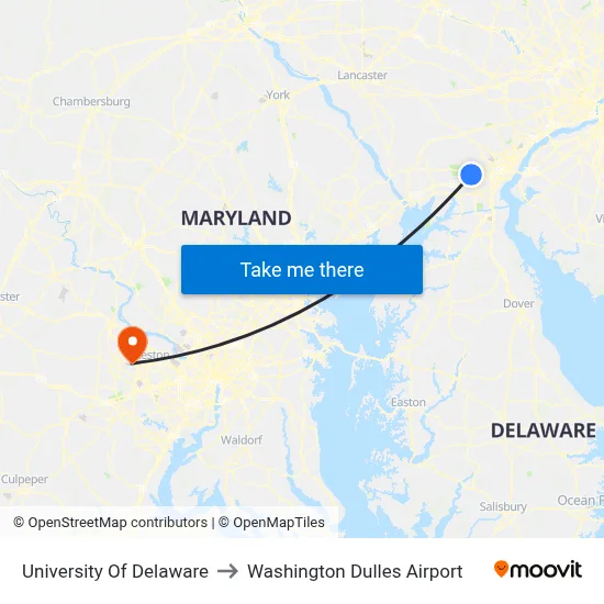 University Of Delaware to Washington Dulles Airport map