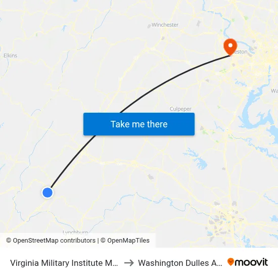 Virginia Military Institute Museum to Washington Dulles Airport map