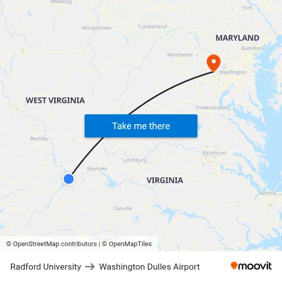 Radford University to Washington Dulles Airport map