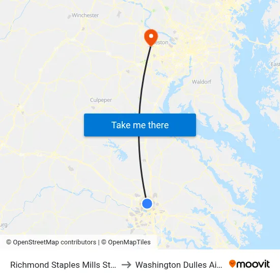 Richmond Staples Mills Station to Washington Dulles Airport map