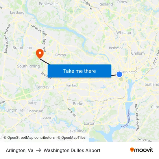 Arlington, Va to Washington Dulles Airport map