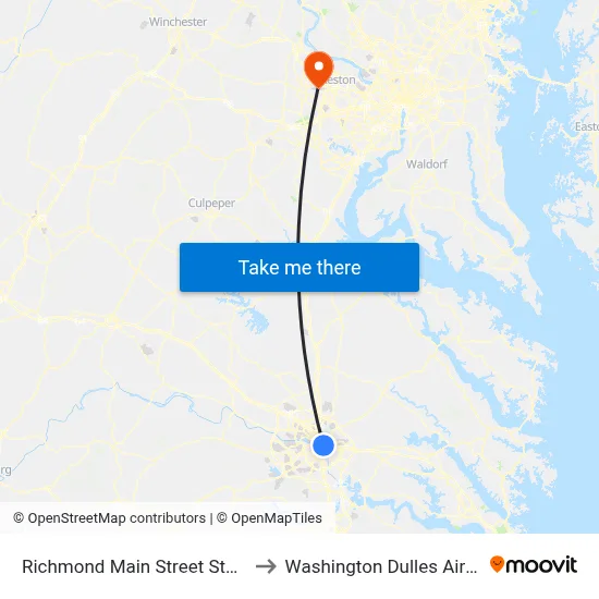 Richmond Main Street Station to Washington Dulles Airport map