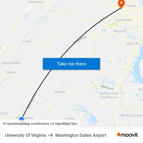 University Of Virginia to Washington Dulles Airport map
