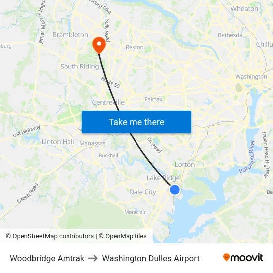 Woodbridge Amtrak to Washington Dulles Airport map
