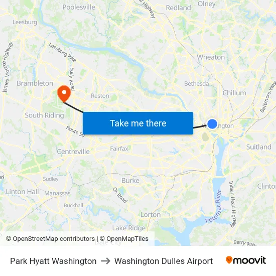 Park Hyatt Washington to Washington Dulles Airport map