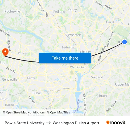 Bowie State University to Washington Dulles Airport map
