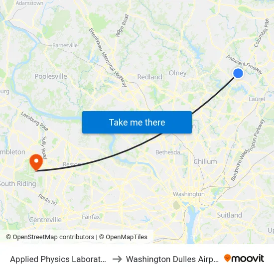 Applied Physics Laboratory to Washington Dulles Airport map