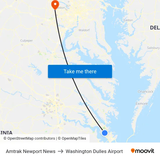 Amtrak Newport News to Washington Dulles Airport map