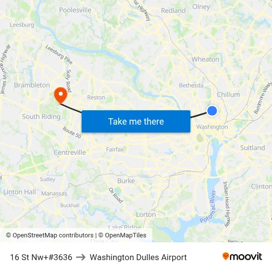 16 St Nw+#3636 to Washington Dulles Airport map