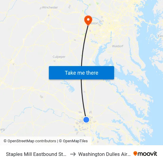 Staples  Mill Eastbound Station to Washington Dulles Airport map