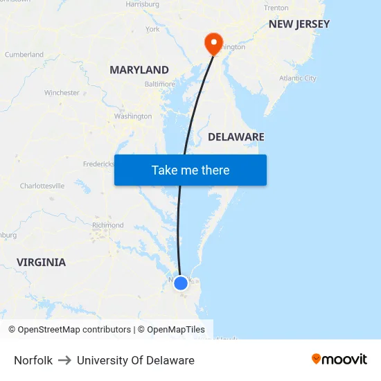 Norfolk to University Of Delaware map