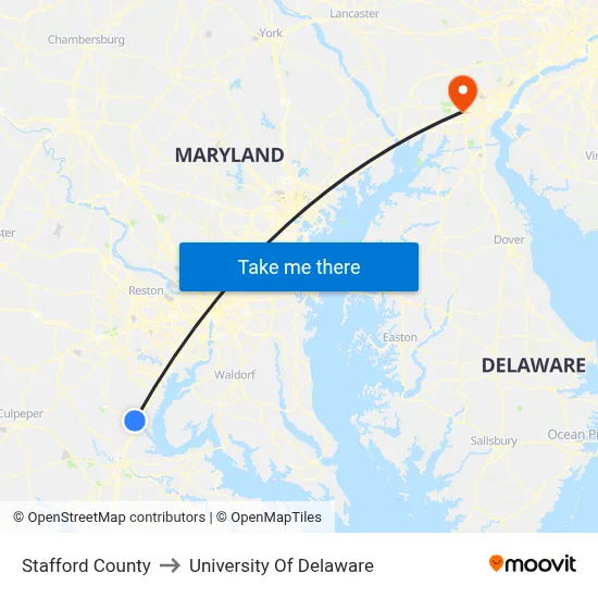 Stafford County to University Of Delaware map