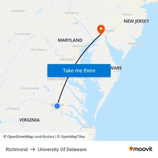 Richmond to University Of Delaware map
