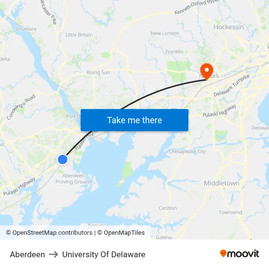 Aberdeen to University Of Delaware map