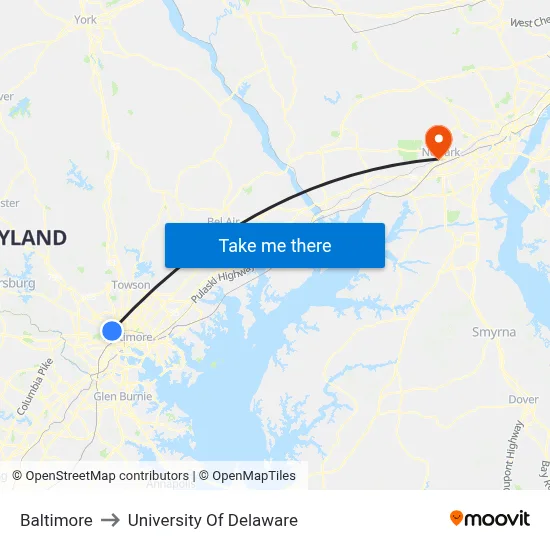 Baltimore to University Of Delaware map