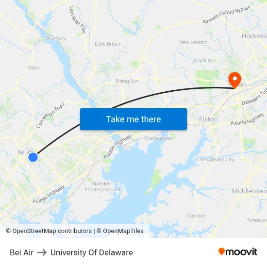 Bel Air to University Of Delaware map