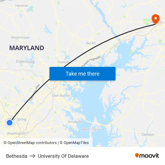 Bethesda to University Of Delaware map