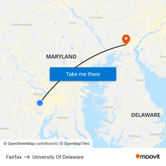 Fairfax to University Of Delaware map