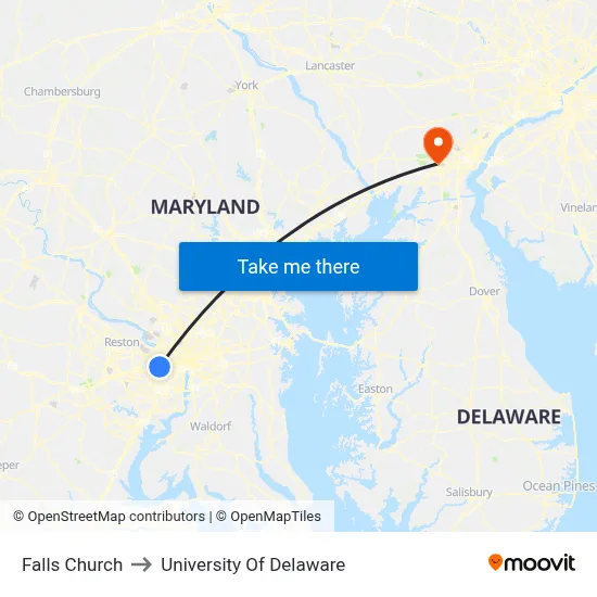 Falls Church to University Of Delaware map
