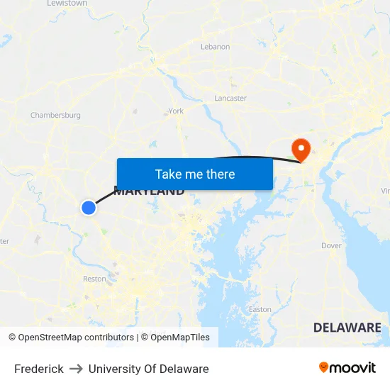 Frederick to University Of Delaware map