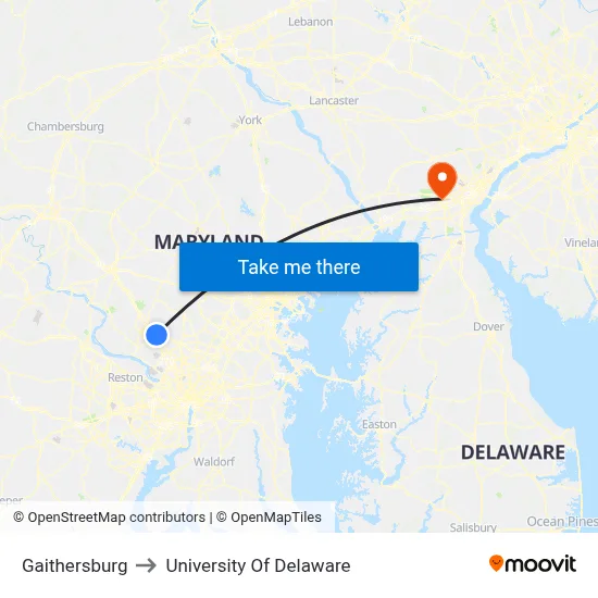 Gaithersburg to University Of Delaware map