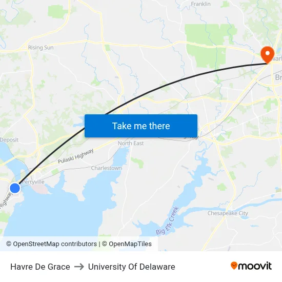 Havre De Grace to University Of Delaware map