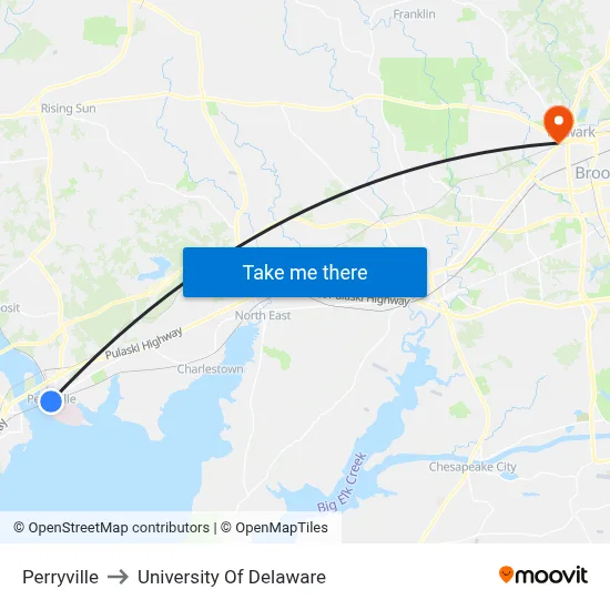 Perryville to University Of Delaware map
