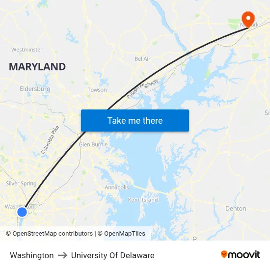 Washington to University Of Delaware map