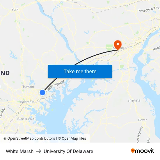 White Marsh to University Of Delaware map