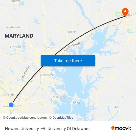 Howard University to University Of Delaware map