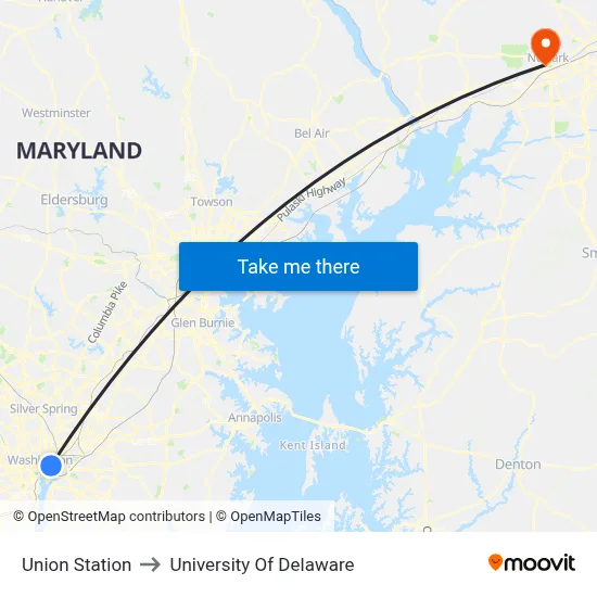 Union Station to University Of Delaware map