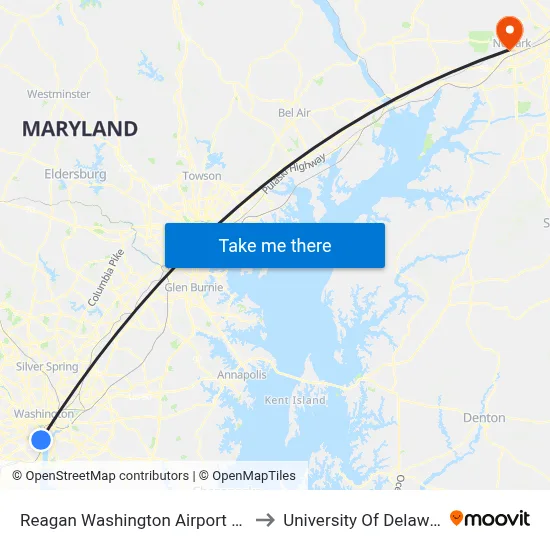 Reagan Washington Airport DCA to University Of Delaware map