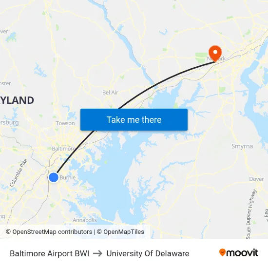 Baltimore Airport BWI to University Of Delaware map