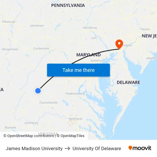 James Madison University to University Of Delaware map