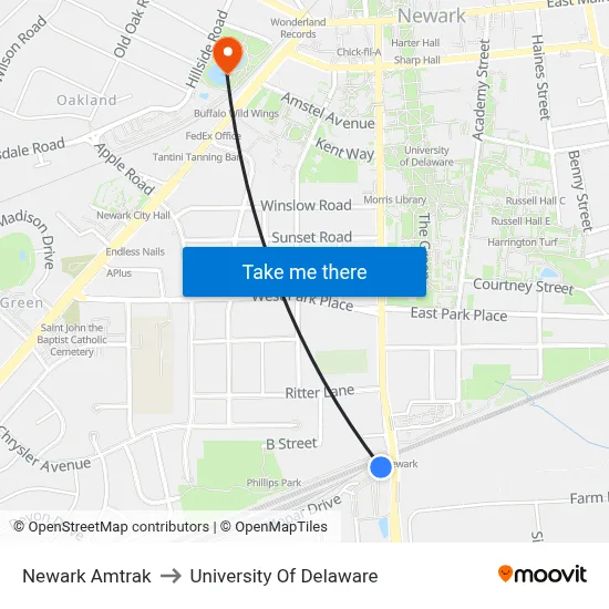 Newark Amtrak to University Of Delaware map