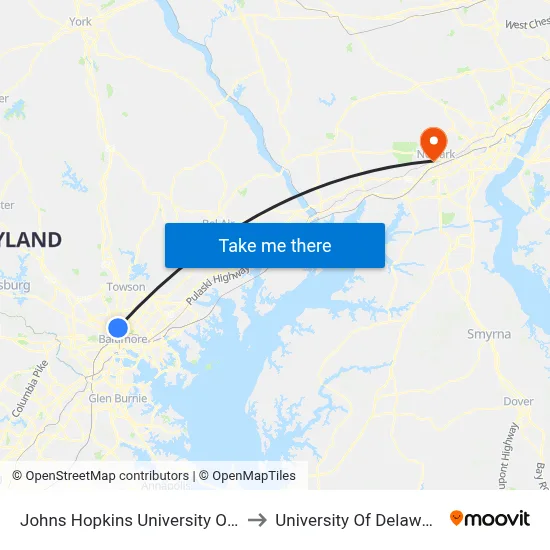 Johns Hopkins University Olin to University Of Delaware map