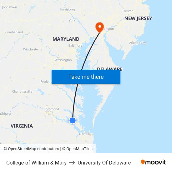 College of William & Mary to University Of Delaware map