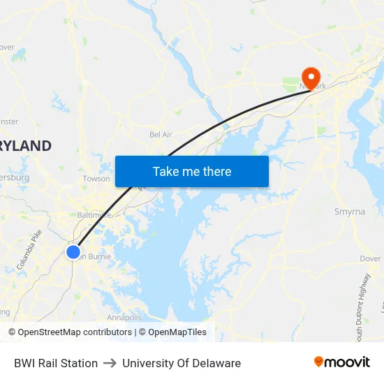 BWI Rail Station to University Of Delaware map