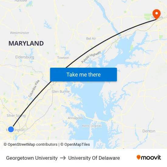 Georgetown University to University Of Delaware map